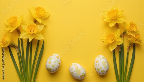 Flat lay easter composition with yellow daffodils and eggs on a yellow background
