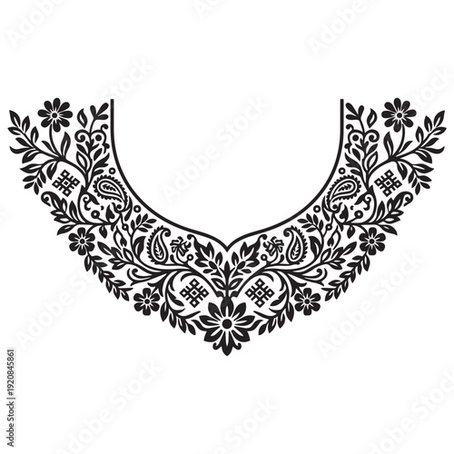 Decorative Floral Neckline Embroidery Pattern in Black Vector Style.