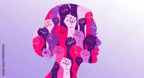 International Women’s Day Poster with Female Silhouette and Raised Fists Paper Cut Style