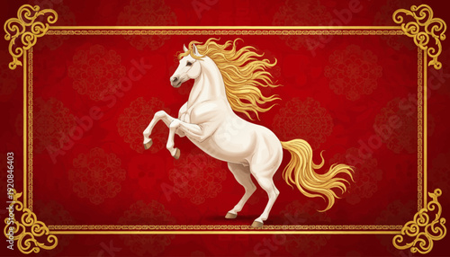 White horse with golden mane in ornate red and gold frame.