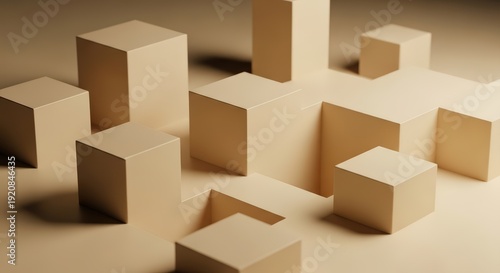 Abstract Minimal 3D Cubes Composition in Warm Beige Tones
