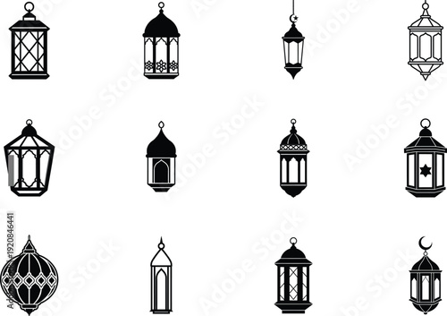 Collection of vintage lantern icons in black and white, decorative hanging lamps vector set isolated on light background minimalist line art style illustration