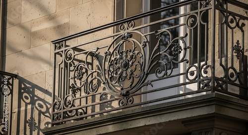 Elegant wrought-iron balcony railing with intricate floral and circular designs against a light-colored stone building facade, vintage European architectural detail, ornate metalwork, classic