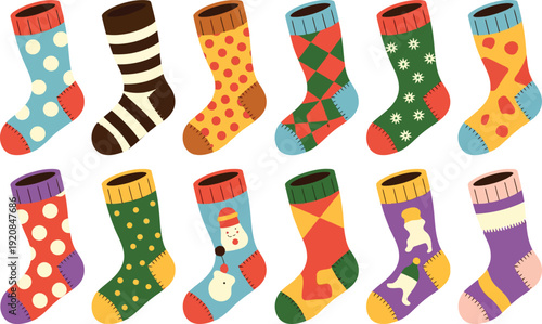 Collection of colorful and patterned Christmas socks, festive winter hosiery with various designs for holiday cheer and cozy comfort, showcasing seasonal apparel