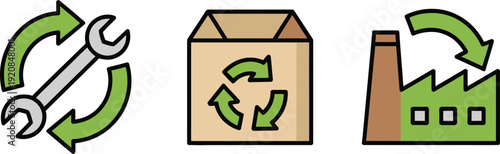 Icon of a wrench with arrows for repair, recycling symbol on a bag, and a factory with arrows indicating production and sustainability concepts