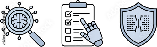 AI and Machine Learning Icons Brain Scan, Checklist with Robot Hand, and Data Security Shield