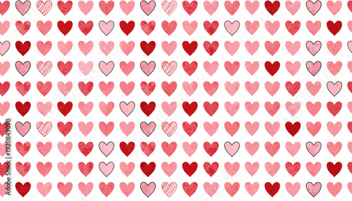 Colorful heart shapes pattern background with various shades of red and pink hearts.