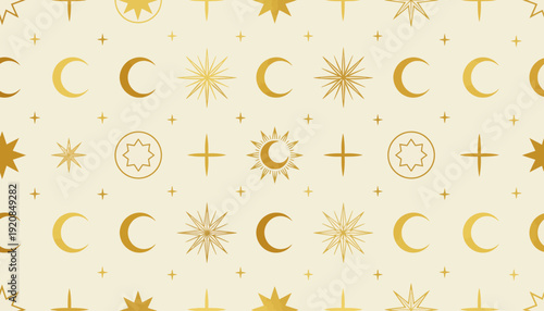 Seamless pattern of golden celestial symbols on cream background.