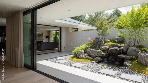 A serene indoor garden with large rocks and trees viewed from a modern living room with sliding glass doors