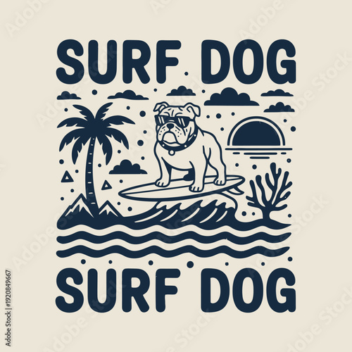Bulldog Surfer Riding Wave on Surfboard with Sunglasses.