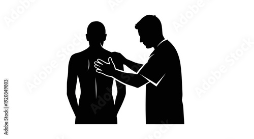 Doctor examining a patient's back with hands, silhouette style illustration