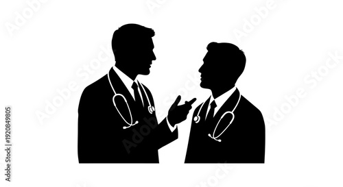 Pure silhouette artwork of two medical doctors collaborating, symbolizing professional healthcare consultation, expert advice, and teamwork in the medical profession