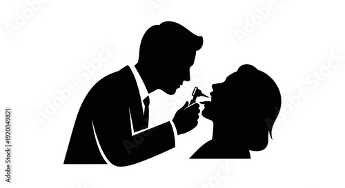 Doctor performing a medical examination with a specialized instrument on a patient's ear, silhouette illustration