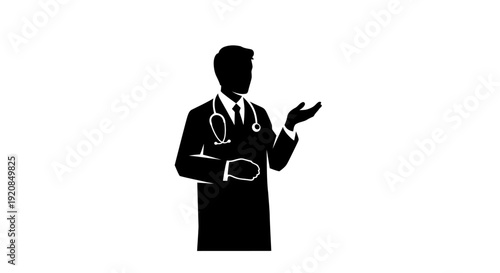 Professional male doctor silhouette illustration with stethoscope, gesturing hand as if explaining or presenting medical information, ideal for healthcare concepts and educational designs