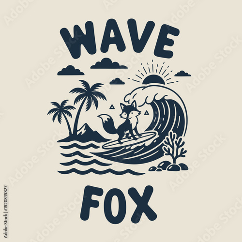 Canvas Print Cute fox surfing on a wave with palm trees and mountains in the background