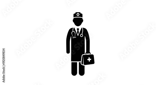 Doctor Silhouette Icon with Medical Bag and Stethoscope, Representing Healthcare and Professional Medical Services