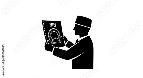Stylized black and white silhouette depicting a professional figure wearing traditional headwear, thoughtfully examining a significant document or official publication