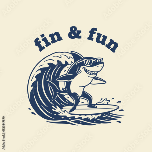 Funny cartoon shark surfing a big wave wearing sunglasses.