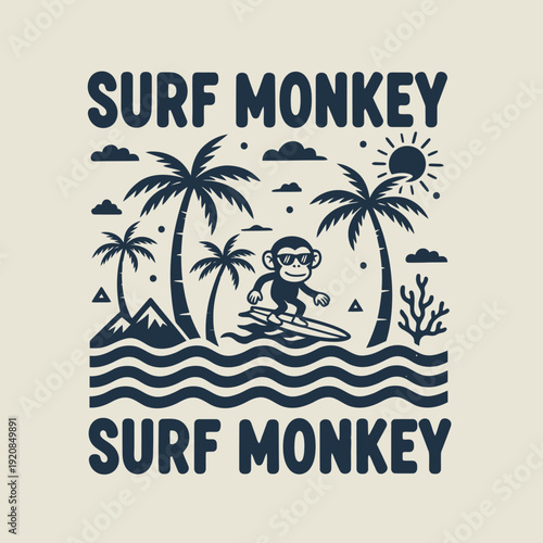Funny Monkey Surfing on a Wave with Sunglasses and Palm Trees.