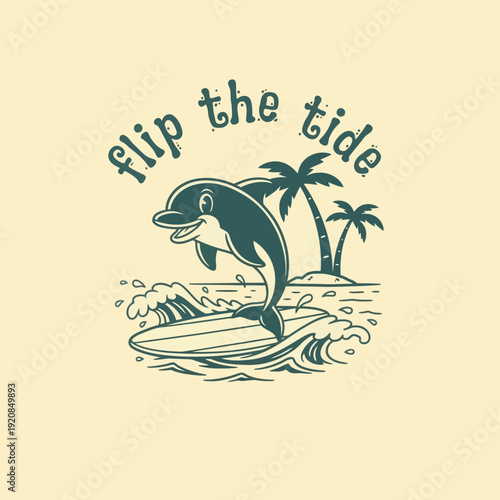 Dolphin Surfing on a Wave with Palm Trees and Tropical Island.