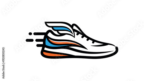Running Shoe with Wings Logo Illustration, Fast Speed Sneaker Icon for Sports and Marathon ABranding, Modern Athletic Footwear Symbol with Motion Lines Isolated on White Background