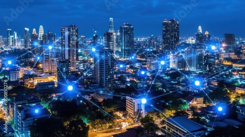 Wallpaper Mural Aerial view of a modern city at night, interconnected by a network of glowing lines. Torontodigital.ca