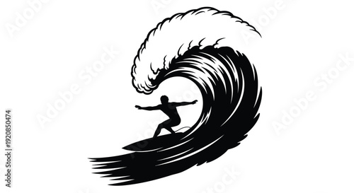 Surfer rides a powerful wave in dramatic black silhouette