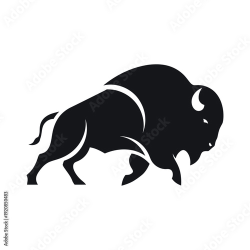 Bison Silhouette Logo Design, Majestic American Buffalo Mascot, Strong Bull Icon with Powerful Muscles and Horns, Minimalist Wildlife Vector Illustration Isolated on White Background