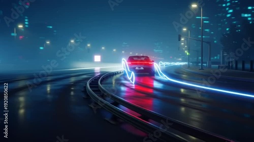 A sleek sports car speeds through a futuristic cityscape at night in a video game simulation