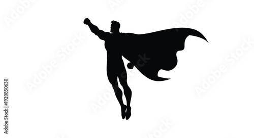 A dynamic superhero in flight arms raised dramatic silhouette