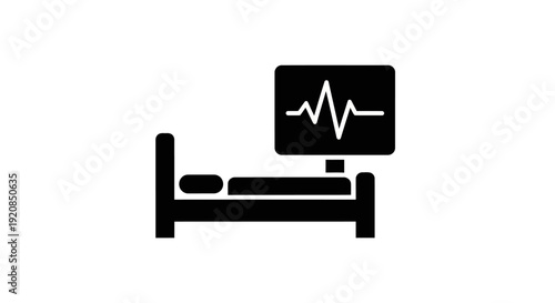 Clean silhouette icon of a medical bed and ECG monitor, symbolizing critical patient care, hospital stay, and vital sign tracking for health services
