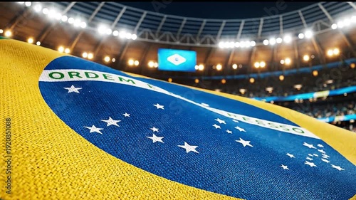 A Brazilian flag waving in a stadium during the World Cup.