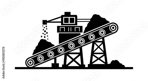 Illustration of a coal processing plant with a conveyor belt system and piles of coal.