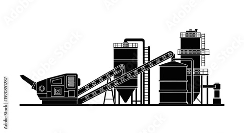 Industrial processing plant with conveyor belts and storage silos, representing heavy machinery and manufacturing operations.