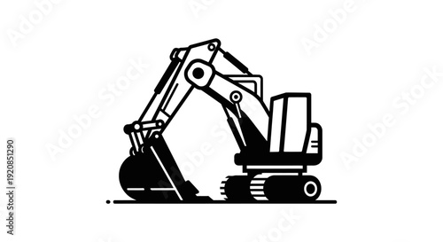 A black and white illustration of an excavator, a heavy construction machine with a bucket and tracks, poised for digging.