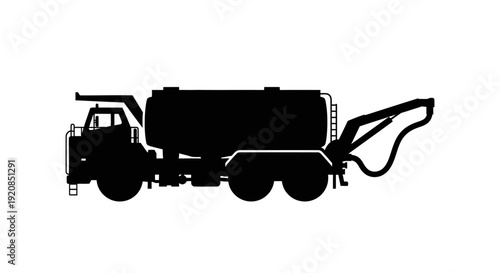 Silhouette of a vacuum truck with a large tank and a boom arm, used for industrial waste removal and transport.
