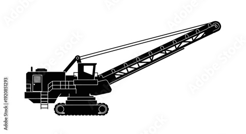 Silhouette of a large, industrial crawler crane with a long boom, used for heavy lifting and construction projects.