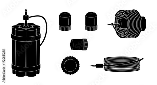 Illustration of a collection of explosive devices and components, including a detonator, blasting caps, and wiring, presented in a black and white schematic style.