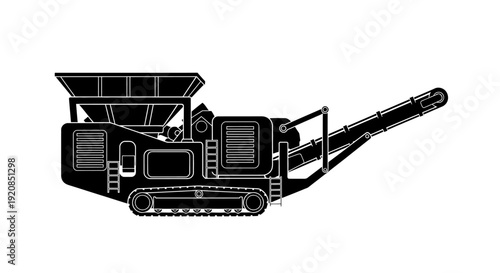 Silhouette illustration of a mobile crushing machine with a conveyor belt, on a white background.
