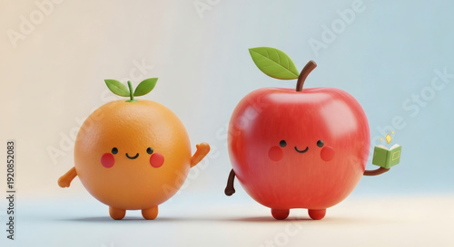 A delightful illustration featuring two adorable fruit characters, a cheerful orange waving hello and a wise apple holding a glowing book, symbolizing friendship and education