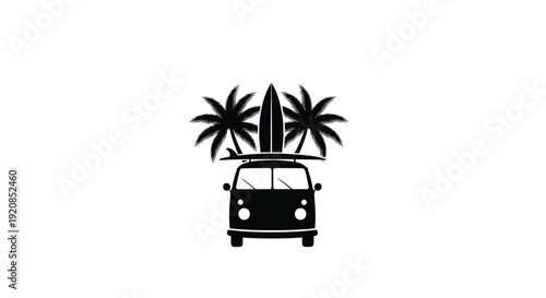 Vintage van with surfboards under palm trees black silhouette