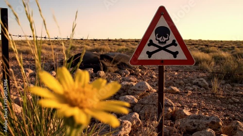 Toxic Warning Sign Behind Yellow Blossom for Chemical Pollution Concept with Golden Hour Lighting.