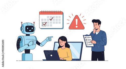 Robot assisting professionals with tasks and alerting to important events in a modern office environment from a straightforward viewpoint