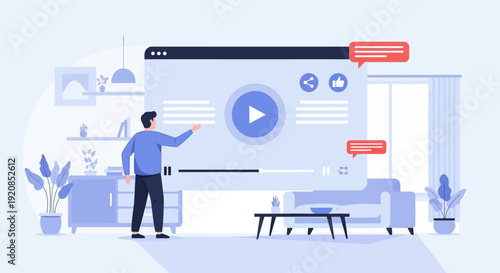 Man interacting with large video player interface in modern living room setting from a slightly elevated viewpoint