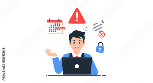 Man working on laptop with warning signs and security icons around him indicating potential online threats and scheduling concerns