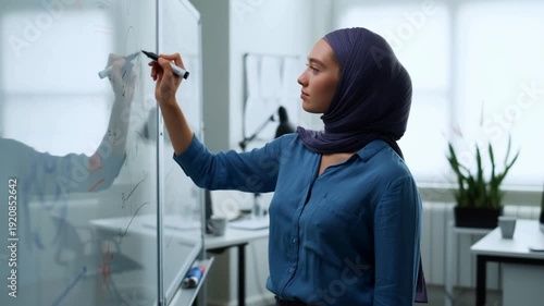 Young Muslim woman wearing a purple hijab writing on a whiteboard in a modern office. Serious female specialist explaining a project or plan. Professional education and business concept footage.