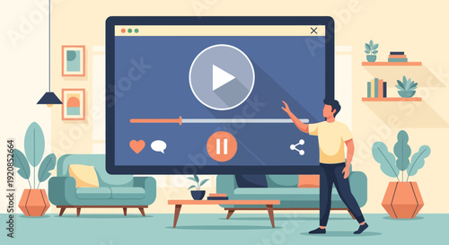 Man interacting with large video player on screen in a modern living room setting with furniture and plants