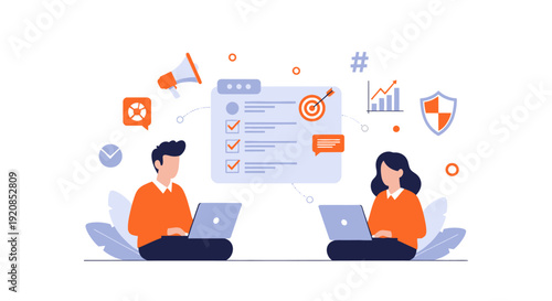 Two individuals working together on laptops surrounded by digital icons and symbols representing collaboration and productivity