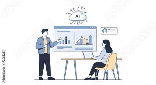 Business professionals analyzing data on computer with AI insights displayed on screen in a modern office setting from a frontal viewpoint.