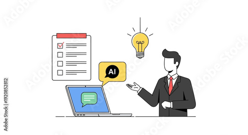 A professional man contemplates ideas while working on a laptop with a checklist and lightbulb nearby